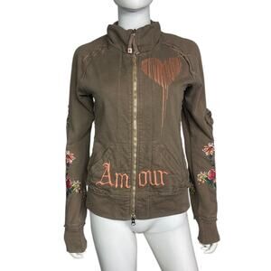 Vtg Y2K Johnny Was JWLA Women's XS Brown Embroidered Amour Floral Zip Jacket
